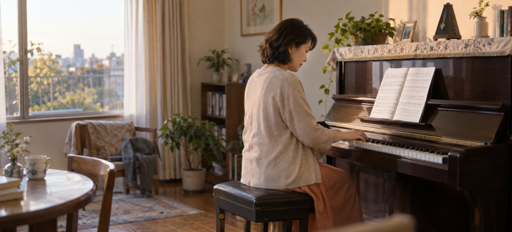 自宅でアップライトピアノを演奏する大人の女性